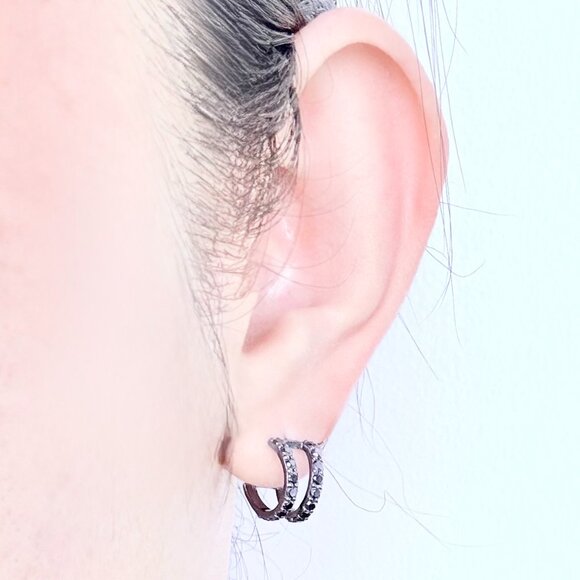 14K BLACK GOLD GEM DOUBLE HOOP EARRINGS - Picture 12 of 12